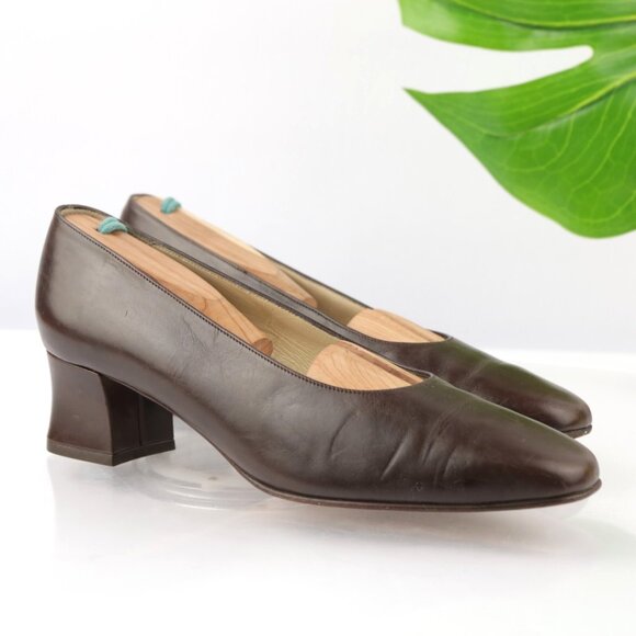 VTG Bally Womens Pump Size 7 Brown Leather Low Block Heel Dress Shoe Retro - Picture 1 of 11